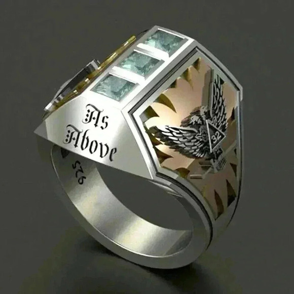 NEW Men Two-Tone Silver Brass Aquamarine Ring